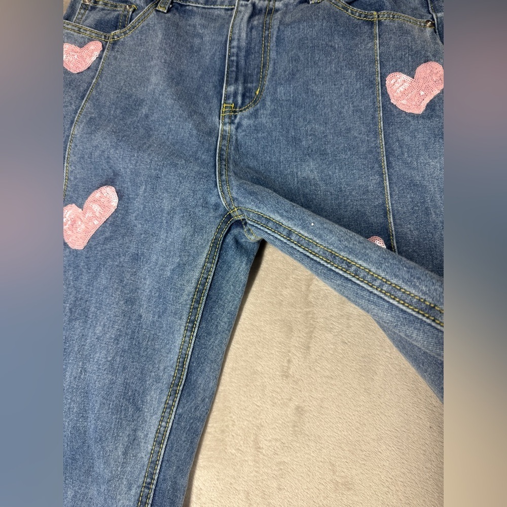Cider Novelty Sequin Heart Patch Wide Leg High Rise Denim Blue Jeans Size Large - Picture 4 of 15